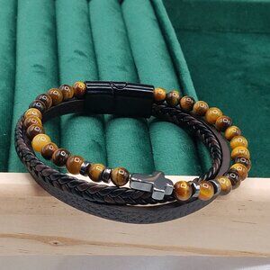 Men’s Braided Leather Bracelet with Tiger Eye Stone & Cross – Magnetic Clasp –9"